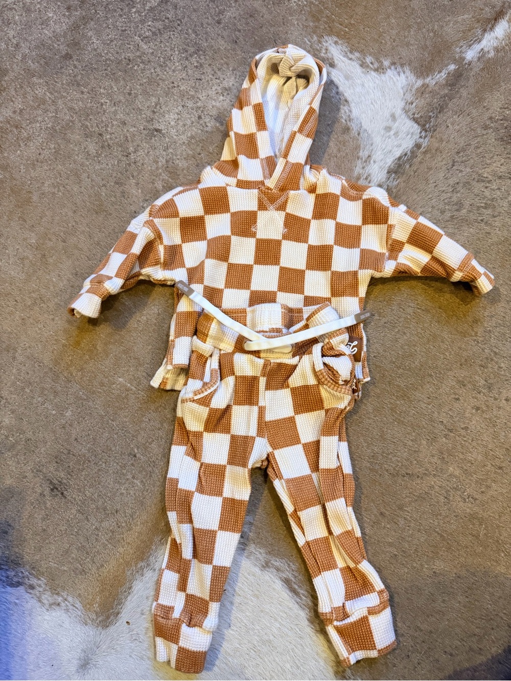 Checkerboard Hoodie & Jogger Matching Set in Cream and Brown